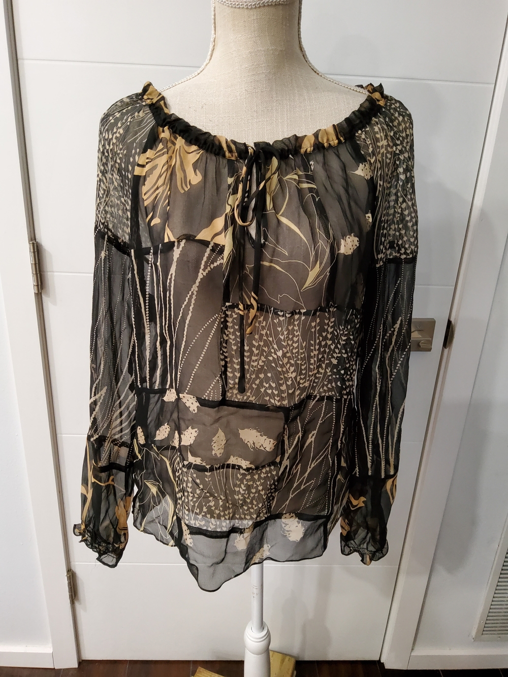 Vintage Silk Floral Peasant Blouse - Black and Tan